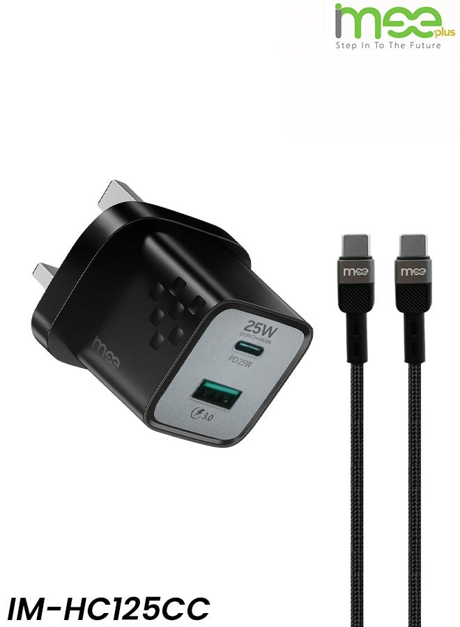 IMEEA 25W GaN Fast Charger Adapter IM-HC125CC with PD 3.0 & QC 3.0, Dual Port USB-C & USB-A Wall Charger, Compact Travel Charging Plug with 60W Type-C to Type-C Nylon Braided Cable, Overheat & Overcharge Protection, Universal for Smartphones & Tablets - Image 1