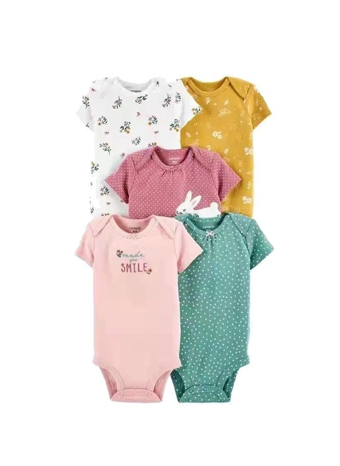 5-piece set of pure cotton jumpsuits for infants and young children, short-sleeved crawling clothes - Image 1