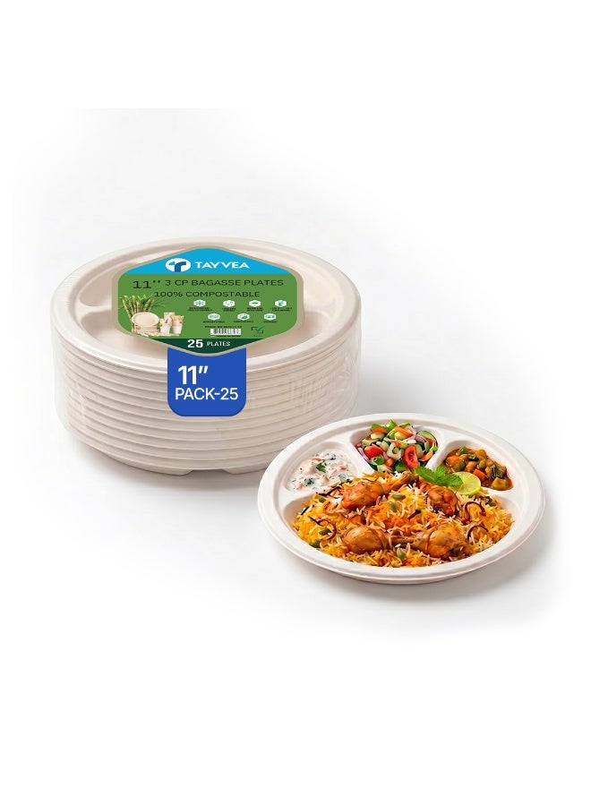 Tayvea 11" 4CP Bagasse Plates | 100% Compostable Sugarcane Plates | Microwaveable, Ovenable & Freezer Safe | Food-Grade Eco Disposable Plates | Pack of 25 - Image 1