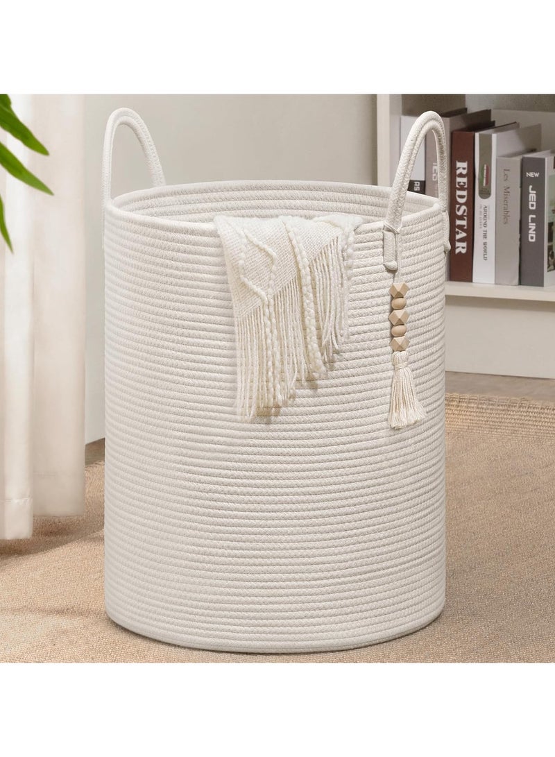 جورونب سلة غسيل قابلة للطي، سلة غسيل مصنوعة من حبل قطني، سلة غسيل للأطفال بمقبض، سلة تخزين للبطانيات والألعاب والملابس في غرفة المعيشة والحمام وغرفة النوم (أبيض) - Image 2