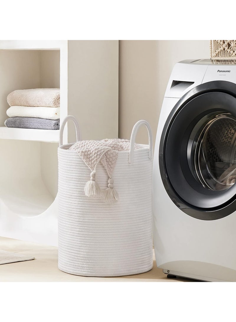 جورونب سلة غسيل قابلة للطي، سلة غسيل مصنوعة من حبل قطني، سلة غسيل للأطفال بمقبض، سلة تخزين للبطانيات والألعاب والملابس في غرفة المعيشة والحمام وغرفة النوم (أبيض) - Image 3