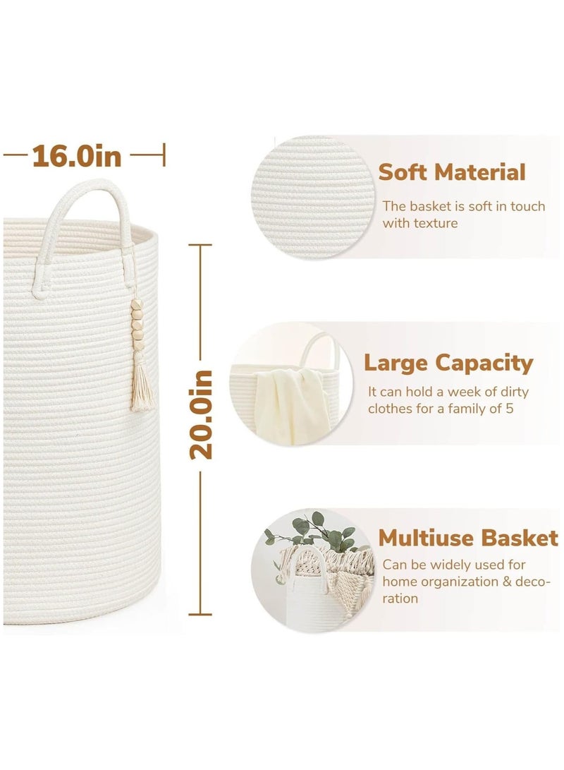 جورونب سلة غسيل قابلة للطي، سلة غسيل مصنوعة من حبل قطني، سلة غسيل للأطفال بمقبض، سلة تخزين للبطانيات والألعاب والملابس في غرفة المعيشة والحمام وغرفة النوم (أبيض) - Image 4