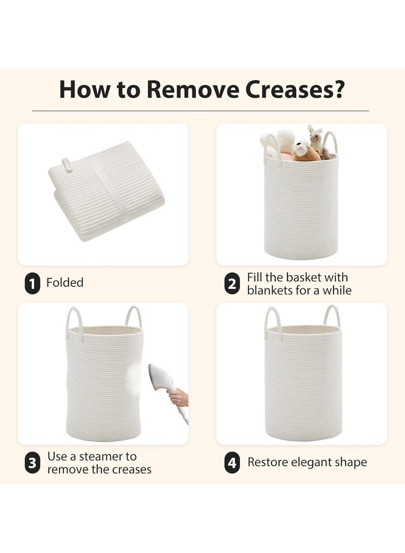 جورونب سلة غسيل قابلة للطي، سلة غسيل مصنوعة من حبل قطني، سلة غسيل للأطفال بمقبض، سلة تخزين للبطانيات والألعاب والملابس في غرفة المعيشة والحمام وغرفة النوم (أبيض) - Image 5