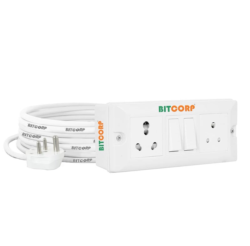 BITCORP لوحة تمديد ثقيلة Bitcorp 6A 16A 20A مع 2 مقبس و 2 مفتاح 2500 واط واقي من زيادة التيار مع كابل بطول 5 متر لشحن الثلاجة وغسالة الملابس والميكروويف والأجهزة الصغيرة والكبيرة - Image 1