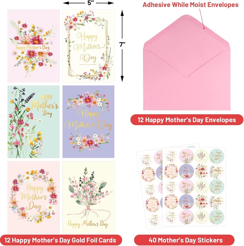 Fancy Land Gold Foil Happy Mother’s Day Greeting Cards with Envelopes 12PCS Flower Love Mom Cards Blank Inside - Image 2