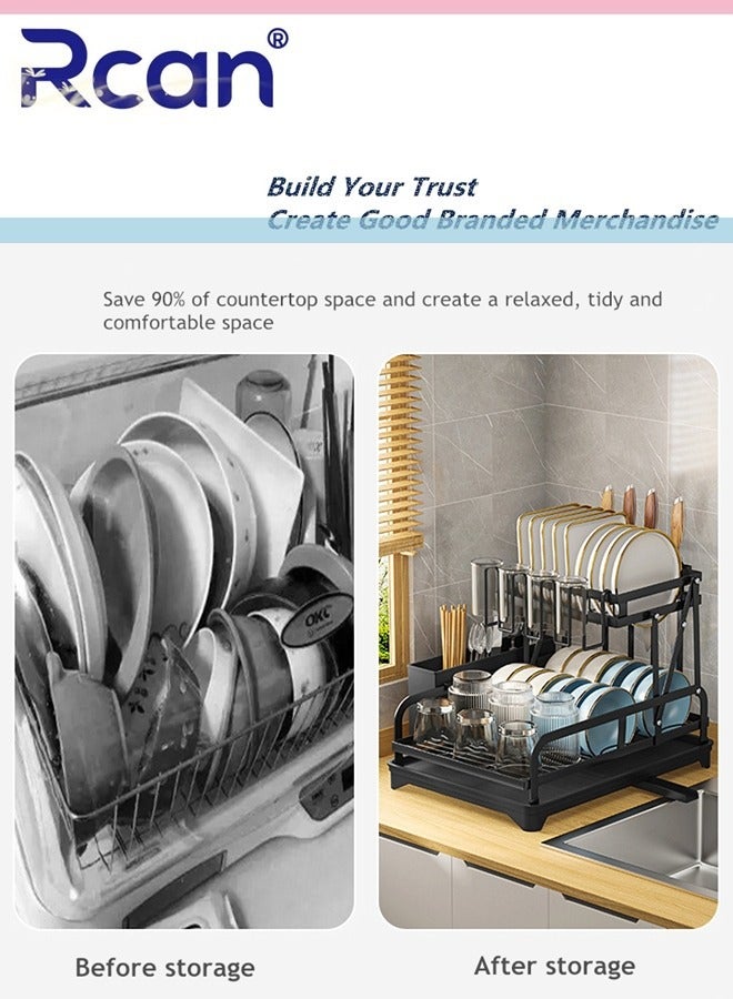 Rcan Dish Drying Rack 2 Tier Dish Rack Kitchen Multi-functional 304 Foldable and Removable Cutlery Drain Rack with Cutlery Holder Cup Cutting Board Rack Chopsticks Spoon Box for Cabinets and Countertops  - Image 4