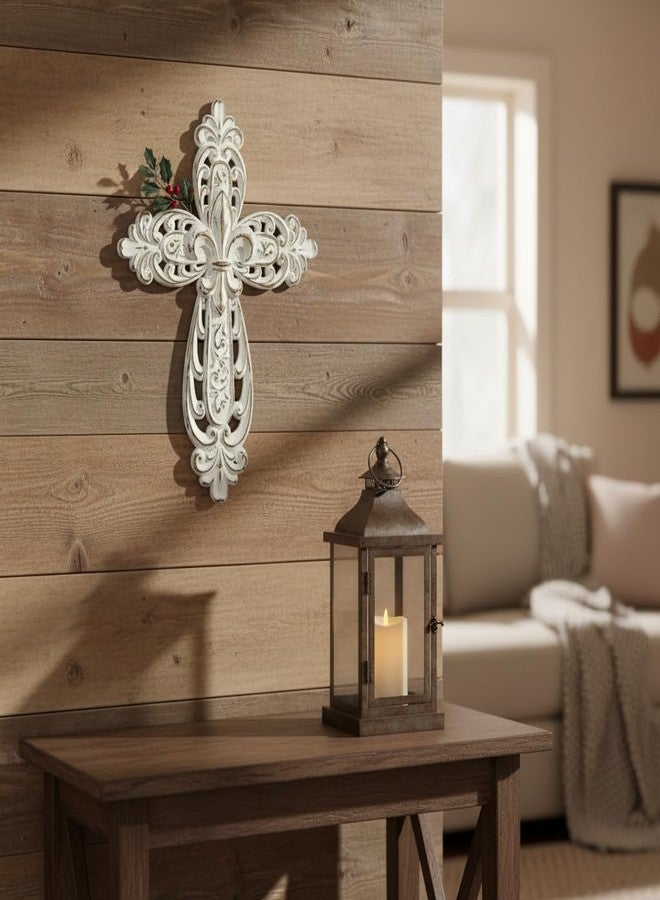Comfy Hour صليب أبيض مقاس 12 بوصة من كومفي آور لتزيين الجدران، لوحة دينية ريفية عتيقة الطراز، عمل فني جداري من الراتنج المجوف على الطراز الفيكتوري لملاذ المنزل، أبيض باهت - Image 3