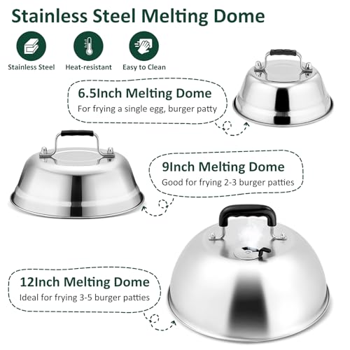 Leonyo 3Pcs Basting Cover Smash Burger Press Leonyo 12 9 65 Cheese Melting Dome Stainless Steel Bacon Press Griddle Dome Steam Lids Smash Burger Kit for Kitchen BBQ Flat Top Grill Teppanyaki - Image 3