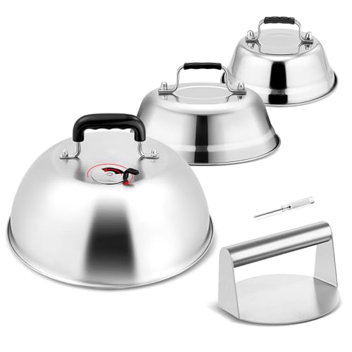 Leonyo 3Pcs Basting Cover Smash Burger Press Leonyo 12 9 65 Cheese Melting Dome Stainless Steel Bacon Press Griddle Dome Steam Lids Smash Burger Kit for Kitchen BBQ Flat Top Grill Teppanyaki - Image 1