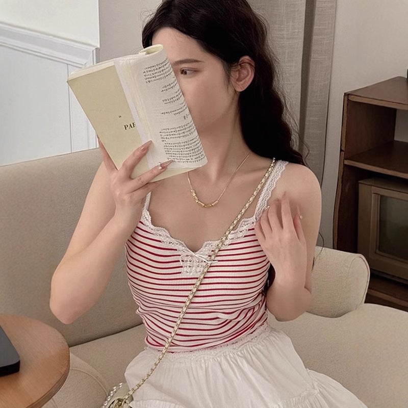 Bow Lace Trim Striped Camisole Top with Padded Bra for Women - Image 3