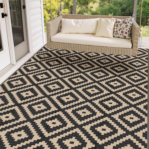 Mattitude Waterproof Outdoor Rug 5x8 Ft Outdoor Plastic Straw Rug Reversible Patio Rug Large Outdoor Carpet Area Rug for Patio Backyard Picnic Beach Camping RV Black  Beige