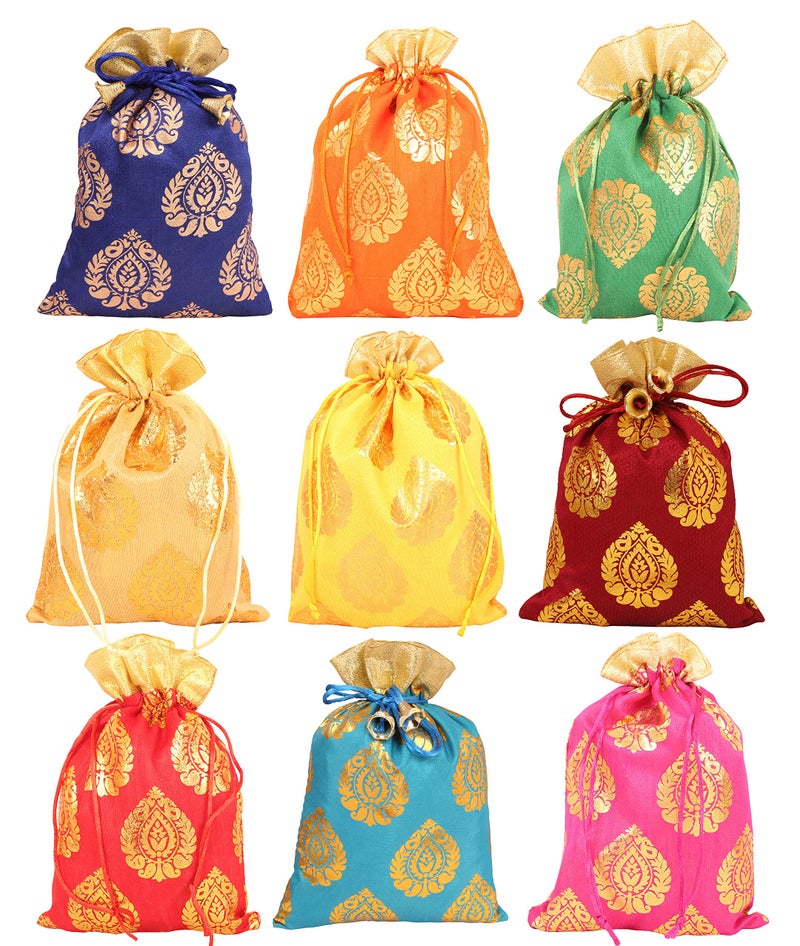 Touchstone Drawstring Bags Traditional Indian Handcrafted in Ficus Leaf Pattern Brocade fabric. Perfect for Gifts Jewelry Weddings Sweet Distribution Set of 9 Vibrant Multicolor Pouches Purses Potli - Image 1