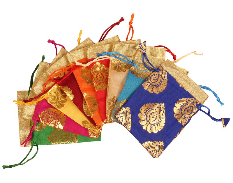 Touchstone Drawstring Bags Traditional Indian Handcrafted in Ficus Leaf Pattern Brocade fabric. Perfect for Gifts Jewelry Weddings Sweet Distribution Set of 9 Vibrant Multicolor Pouches Purses Potli - Image 3