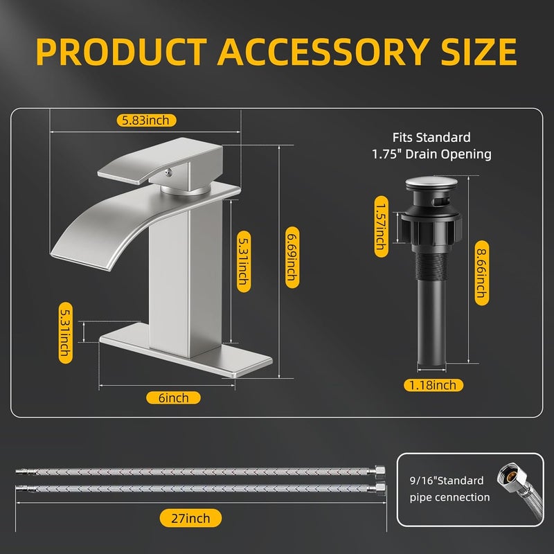 ryuwanku Bathroom Faucet Brushed Nickel Modern Waterfall Bathroom Sink Faucet with Single Handle Suitable for 1 or 3 Holes,Supply Deck Plate and Hose - Image 3
