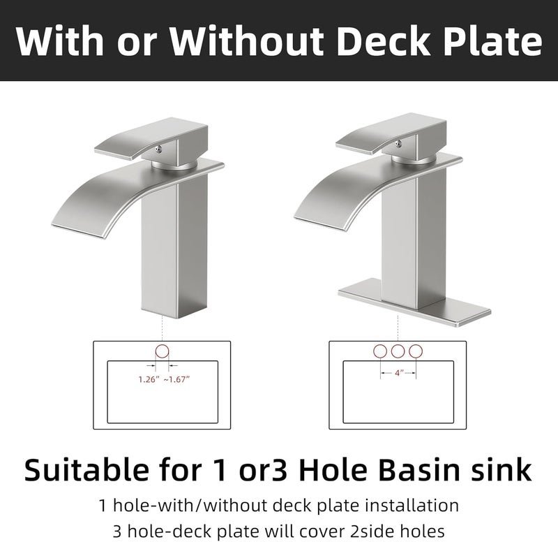 ryuwanku Bathroom Faucet Brushed Nickel Modern Waterfall Bathroom Sink Faucet with Single Handle Suitable for 1 or 3 Holes,Supply Deck Plate and Hose - Image 4