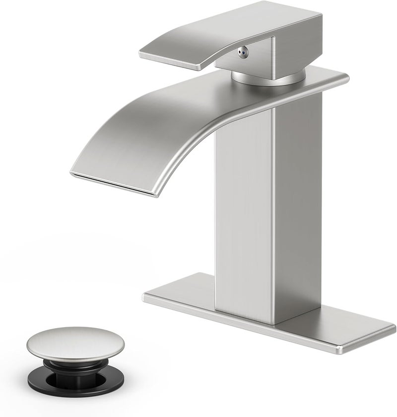 ryuwanku Bathroom Faucet Brushed Nickel Modern Waterfall Bathroom Sink Faucet with Single Handle Suitable for 1 or 3 Holes,Supply Deck Plate and Hose - Image 1