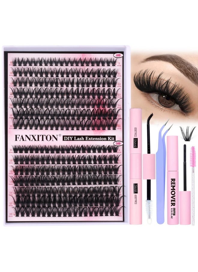 FANXITON Diy Lash Extension Kit Volume Lash Clusters 40D+50D D Curl 280Pcs Individual Lashes Thick Eyelash Extension Kit Thin Band Cluster Lashes Lash Remover Lash Bond And Seal And Lash Tweezers  - Image 1