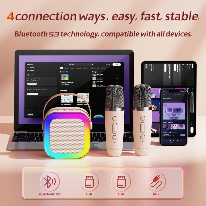 Kinglucky آلة كاريوكي كينجلوكي للأطفال هدية (صغيرة لطيفة ومحمولة) مكبر صوت بلوتوث مع ميكروفون لاسلكي (صوت عالٍ) هدايا عيد ميلاد للفتيات من 3 إلى 12 عامًا ألعاب للأطفال الصغار - بيج - Image 4