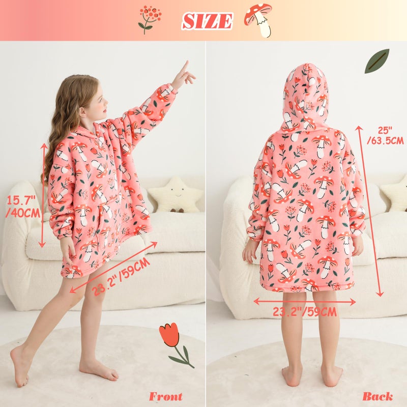 lasoftan Kids Wearable Blanket, Toddler Sherpa Sweatershirt Hoodie with Front Pocket, Comfy Warm Hugs, 2-6 Years Boys Girls Birthday Christmas Gifts (Pink Mushroom & Flower, 2-6 Years) - Image 2