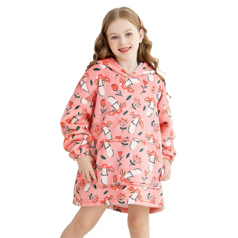lasoftan Kids Wearable Blanket, Toddler Sherpa Sweatershirt Hoodie with Front Pocket, Comfy Warm Hugs, 2-6 Years Boys Girls Birthday Christmas Gifts (Pink Mushroom & Flower, 2-6 Years) - Image 1