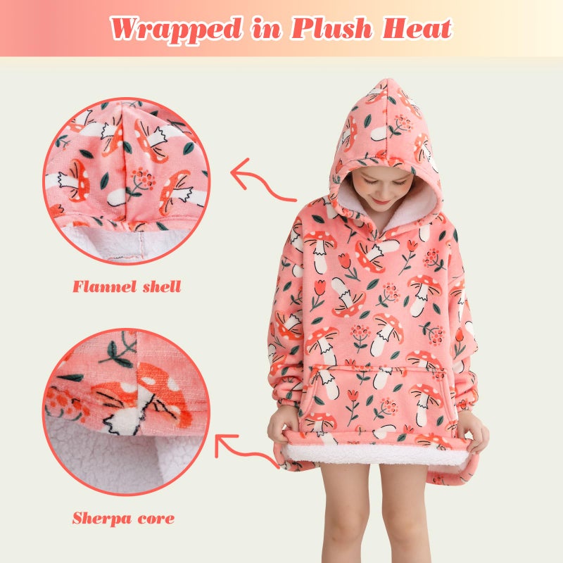 lasoftan Kids Wearable Blanket, Toddler Sherpa Sweatershirt Hoodie with Front Pocket, Comfy Warm Hugs, 2-6 Years Boys Girls Birthday Christmas Gifts (Pink Mushroom & Flower, 2-6 Years) - Image 3