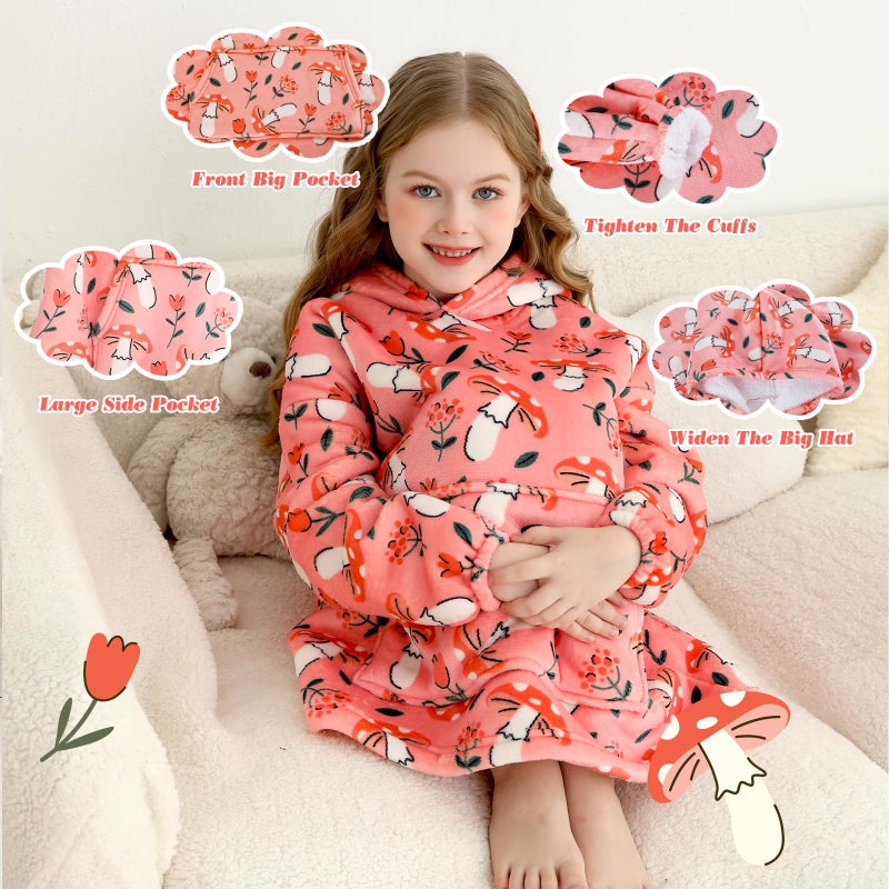 lasoftan Kids Wearable Blanket, Toddler Sherpa Sweatershirt Hoodie with Front Pocket, Comfy Warm Hugs, 2-6 Years Boys Girls Birthday Christmas Gifts (Pink Mushroom & Flower, 2-6 Years) - Image 4