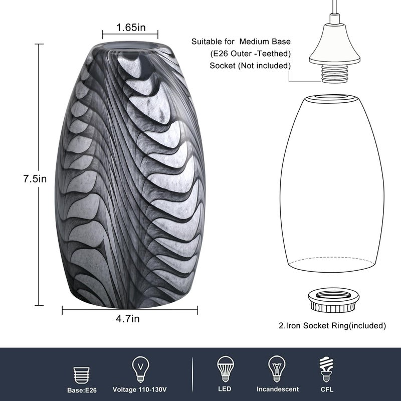 Viinew 4.72"" Black Gray Marble Glass Pendant Light Shades Only Modern Chandelier Replacement Shades Mini Art Glass Pendant Light Cover Oval Lamp Shade Replacement 1-Pack - Image 2