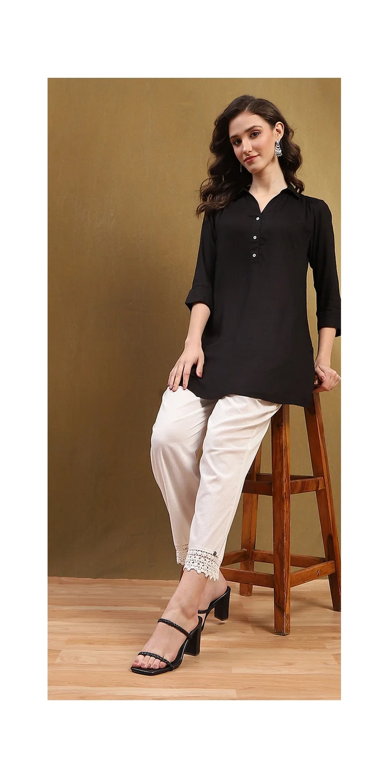 Biba Black Solid Shirt Collar Straight Short Kurti