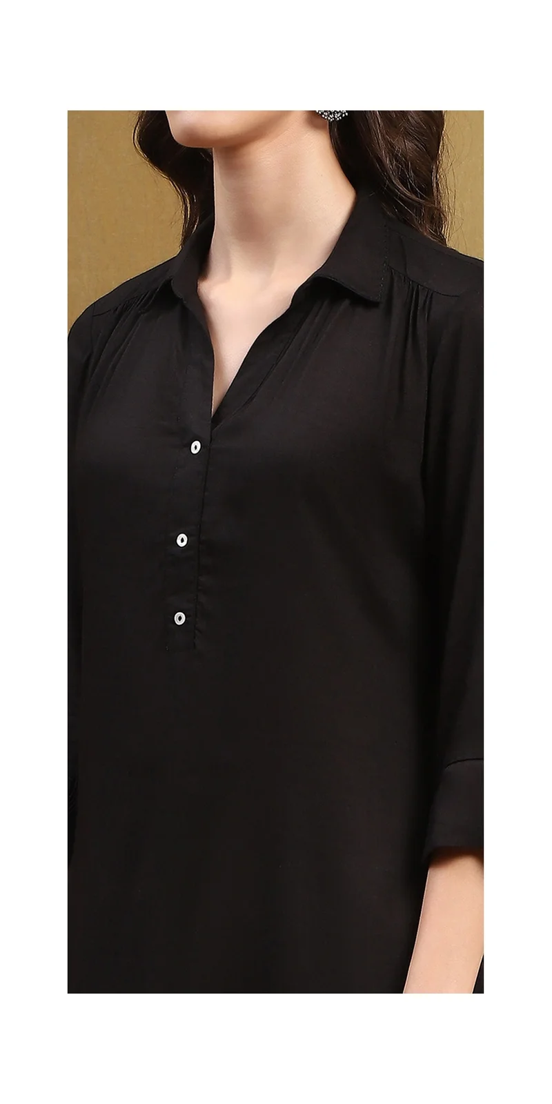 Biba Black Solid Shirt Collar Straight Short Kurti