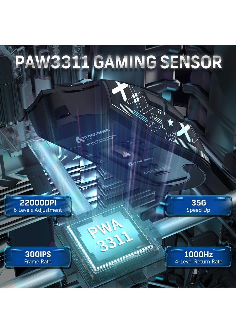 Attack Shark X11 Lightweight Wireless Gaming Mouse with RGB Charging Dock,Tri-Mode-2.4G/USB-C Wired/BT,22K DPI,PAW3311 Optical Sensor,HUYU Switch,5 programmable Buttons for PC/Mac(Black) - Image 4