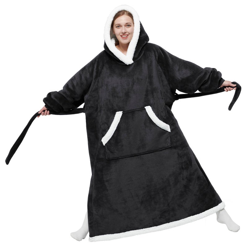 Bedsure Bedsure Ovesized Wearable Blanket Hoodie  Long Sherpa Fleece Blanket Sweatshirt  with Warm Big Hood  Side Split and Belt  Black  Standard Adult  - Image 1