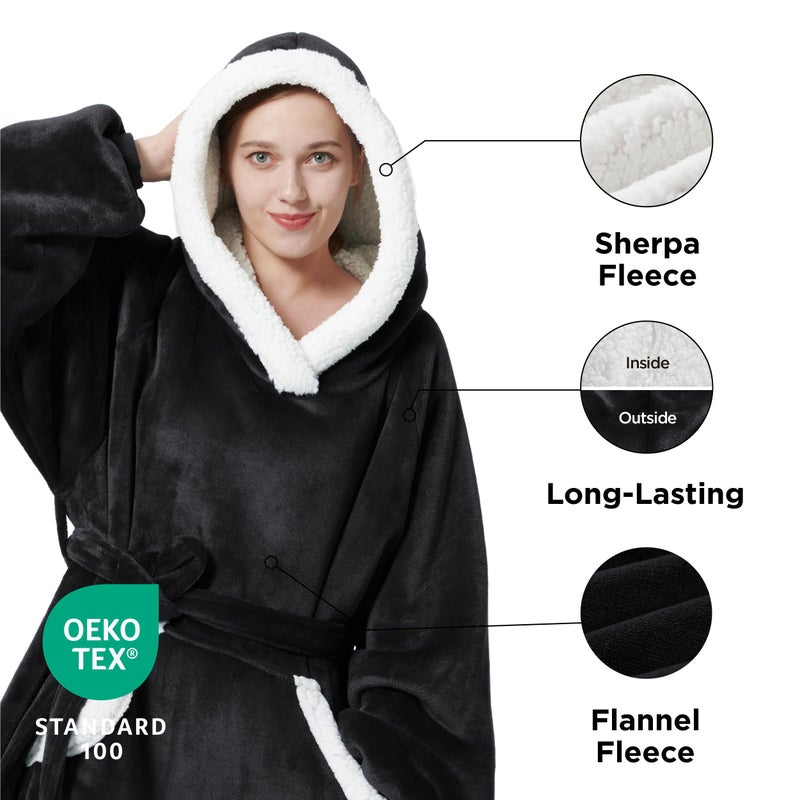 Bedsure Bedsure Ovesized Wearable Blanket Hoodie  Long Sherpa Fleece Blanket Sweatshirt  with Warm Big Hood  Side Split and Belt  Black  Standard Adult  - Image 2