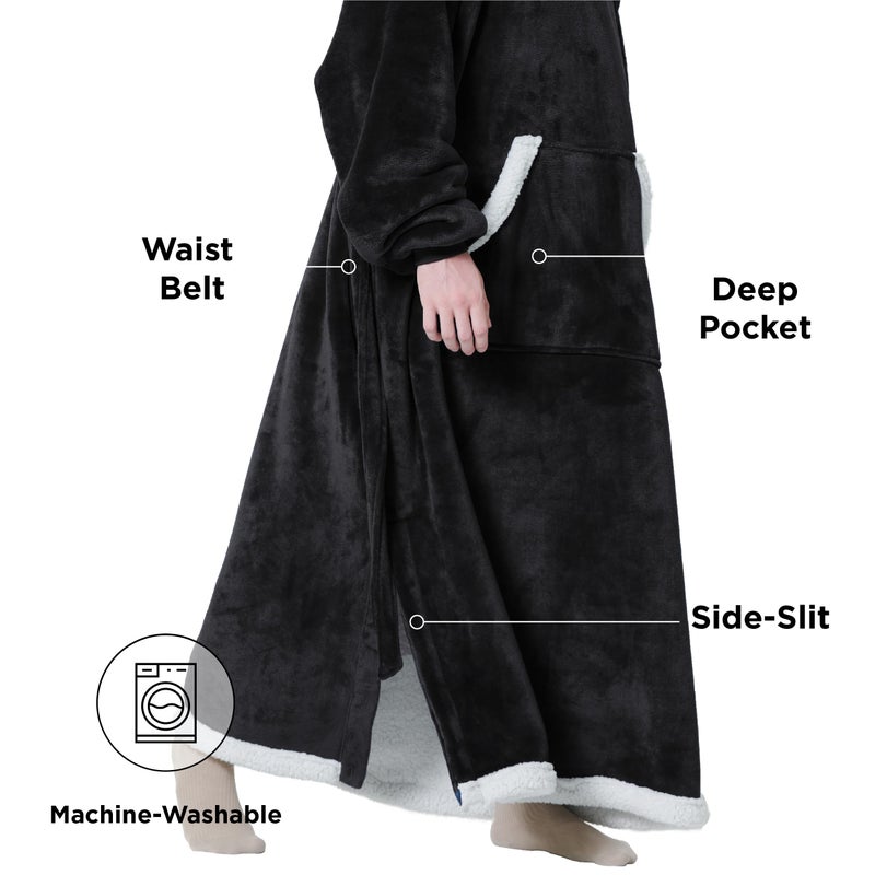 Bedsure Bedsure Ovesized Wearable Blanket Hoodie  Long Sherpa Fleece Blanket Sweatshirt  with Warm Big Hood  Side Split and Belt  Black  Standard Adult  - Image 3