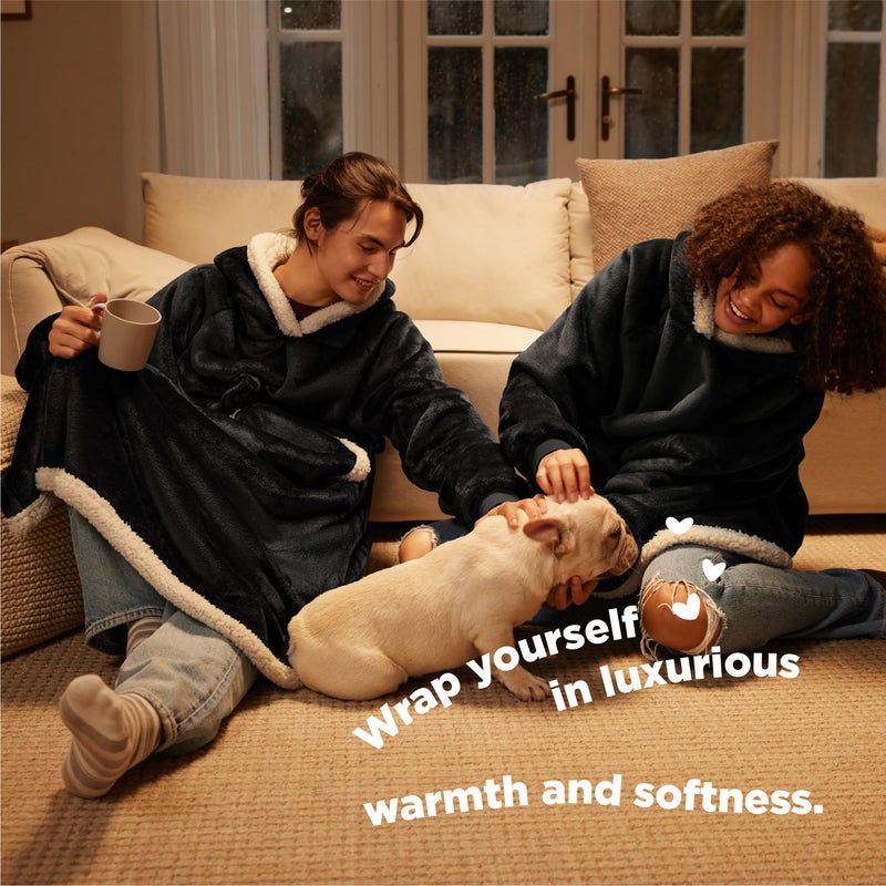 Bedsure Bedsure Ovesized Wearable Blanket Hoodie  Long Sherpa Fleece Blanket Sweatshirt  with Warm Big Hood  Side Split and Belt  Black  Standard Adult  - Image 4