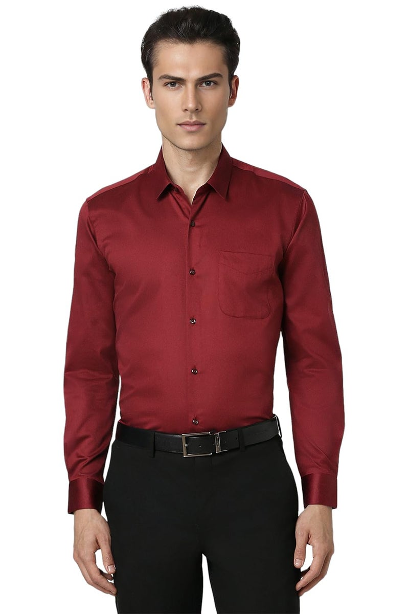 Peter England Men's Satin Solid Regular Fit Full Sleeve Shirt Cotton with Satin Sheen | Luxury Red - Image 1