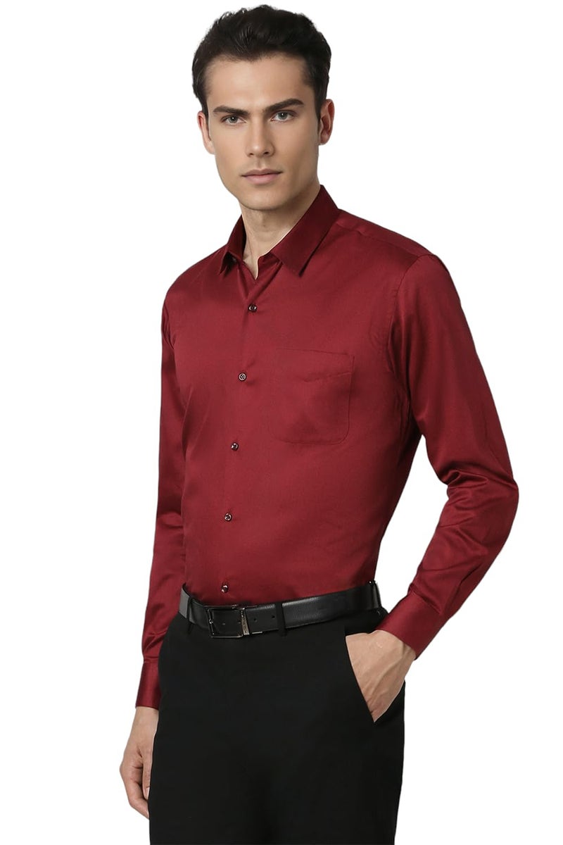 Peter England Men's Satin Solid Regular Fit Full Sleeve Shirt Cotton with Satin Sheen | Luxury Red - Image 2