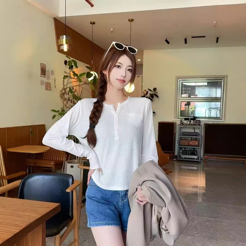 Autumn Bamboo Button Collar Pullover Collar Stretch Loose Lazy Style Slimming T-Shirt Stylike Base Shirt - Image 3