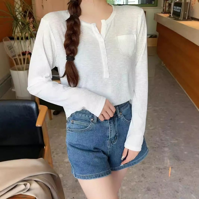 Autumn Bamboo Button Collar Pullover Collar Stretch Loose Lazy Style Slimming T-Shirt Stylike Base Shirt - Image 5