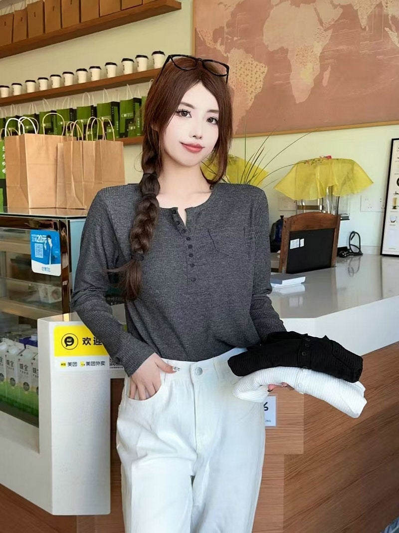 Autumn Bamboo Button Collar Pullover Collar Stretch Loose Lazy Style Slimming T-Shirt Stylike Base Shirt - Image 1