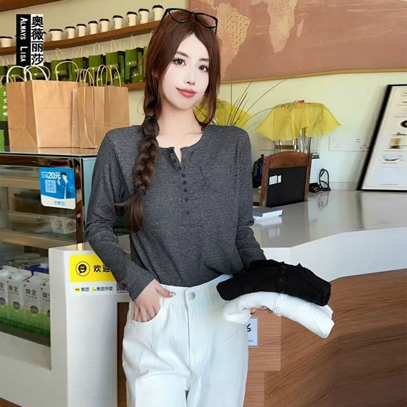 Autumn Bamboo Button Collar Pullover Collar Stretch Loose Lazy Style Slimming T-Shirt Stylike Base Shirt - Image 2