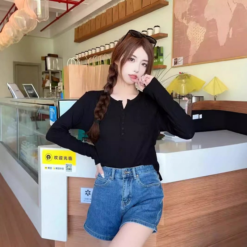 Autumn Bamboo Button Collar Pullover Collar Stretch Loose Lazy Style Slimming T-Shirt Stylike Base Shirt - Image 4
