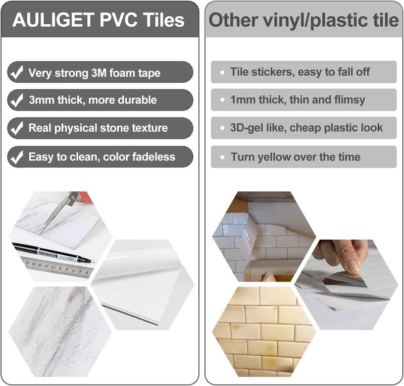 AULIGET 100 Piece Peel and Stick Backsplash PVC Tile, 3" x 6" White Marble Stick on Tiles for Backsplash Kitchen, Bathroom, Laundry Room, Camper, Fireplace - Image 4