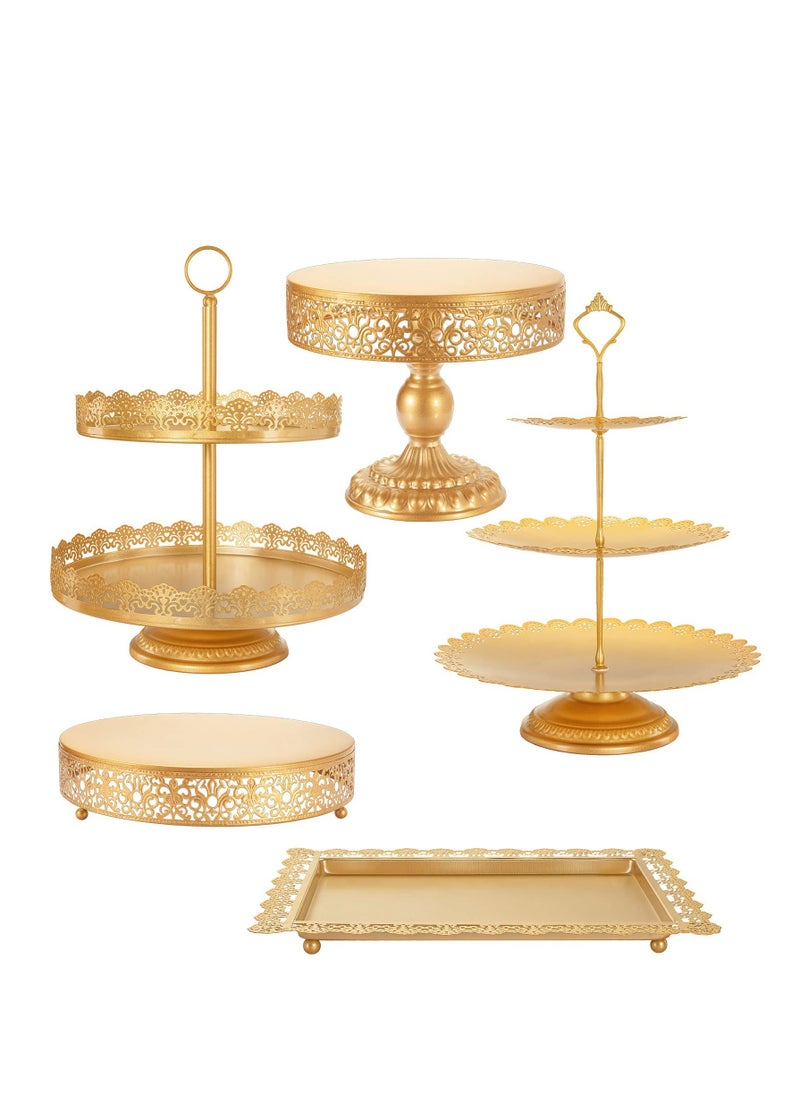 Arabest Gold Cake Stand 5 Pcs, Antique-Inspired Dessert Table Display Set Different Heights and Shapes Stands Tiered Cupcake Holder Candy Fruit Plate Decoration  - Image 1