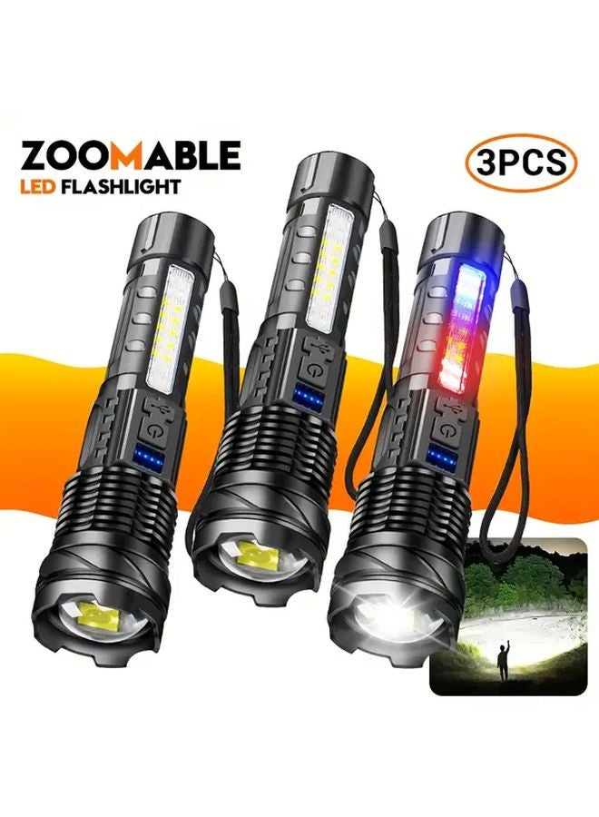 3 Packs High Power LED Flashlight Rechargeable Zoomable 7 Modes COB Warning Light - Image 2