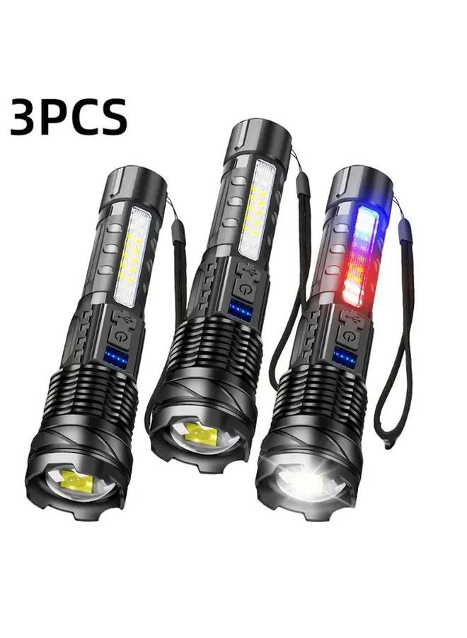 3 Packs High Power LED Flashlight Rechargeable Zoomable 7 Modes COB Warning Light - Image 1