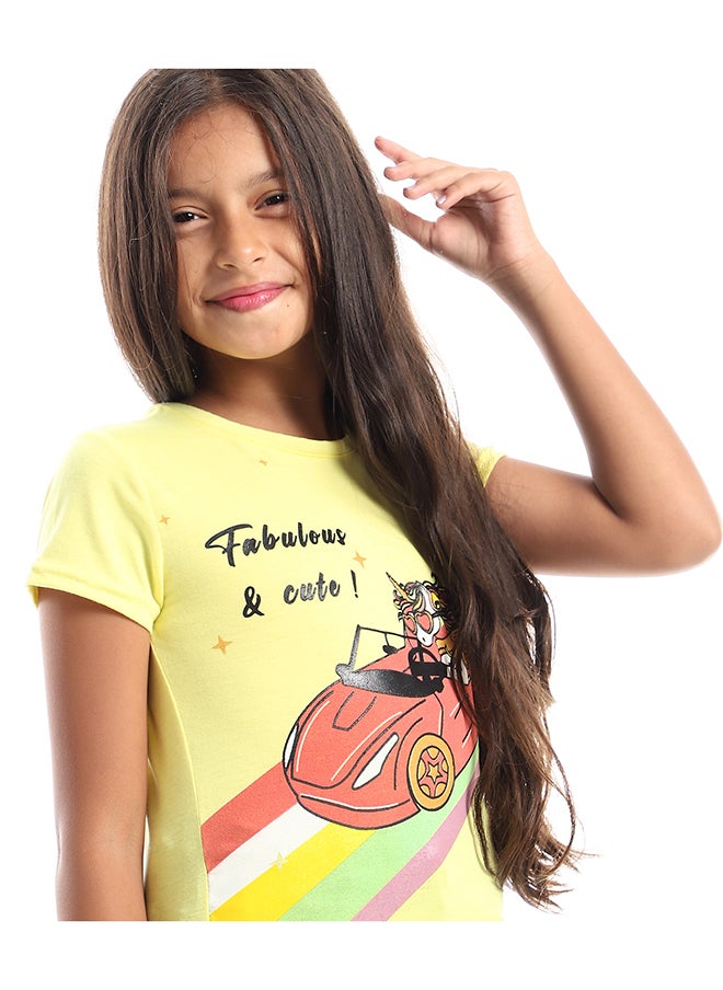Andora - Driving Unicorn Front Print Tee - Yellow, Orange, Green & Black - Image 1