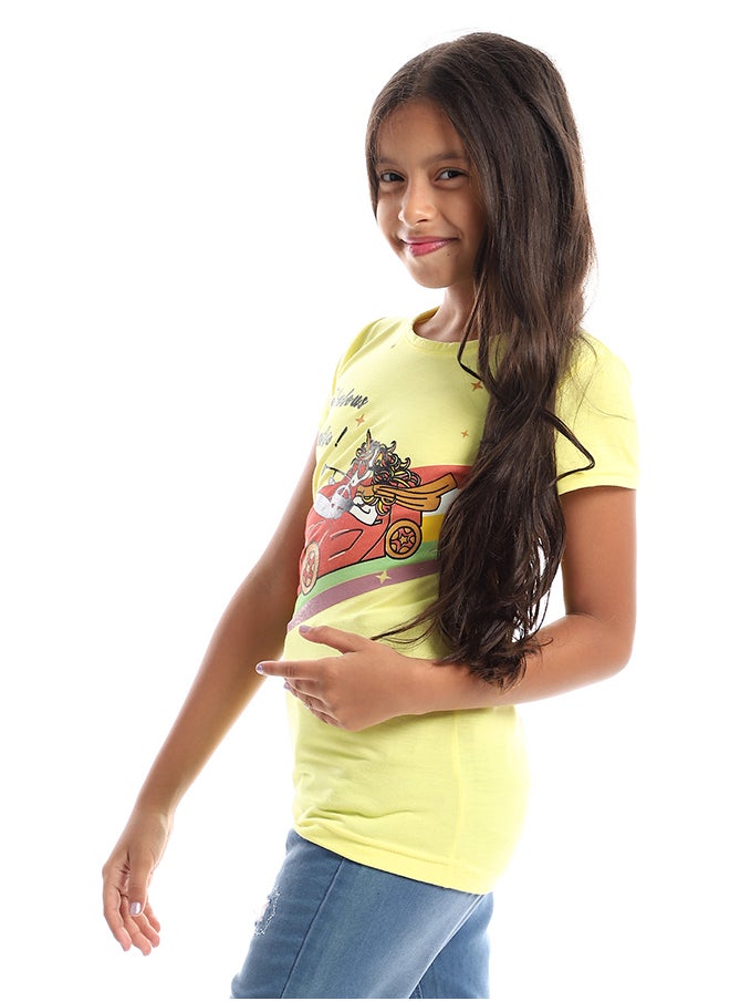 Andora - Driving Unicorn Front Print Tee - Yellow, Orange, Green & Black - Image 1