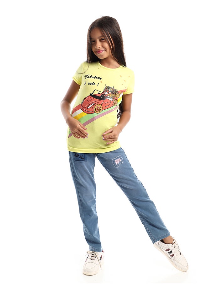 Andora - Driving Unicorn Front Print Tee - Yellow, Orange, Green & Black - Image 1