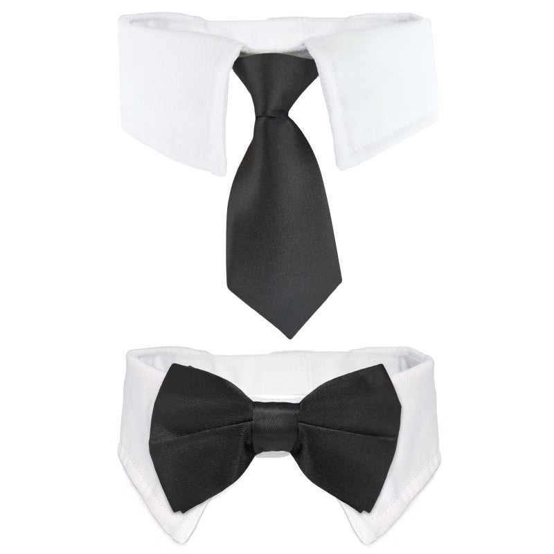 Koolmox Pet Ties KOOLMOX Handcrafted Adjustable White Collar with Black Tie and Bow for Pet Cat Bow Tie for Medium Sized Dogs Tuxedo Tux Suits Wedding Birthday Valentines Day Grooming 2 Pack Black - Image 2