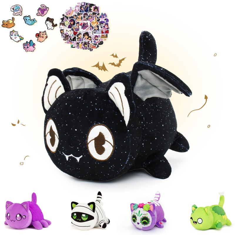69-PCS ? 11-inches Bat Cat Plush + 60-Sticker + 8-Pcs Shoe Charms - Ghost Cat Collection - 100% Embroidered Plushie - Cat Stuffed Animal Collectible (Bat Cat)